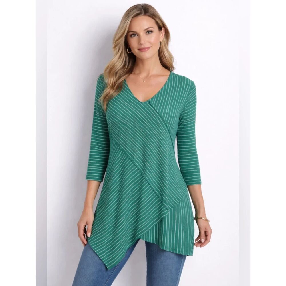 Chicos Travelers Top Sz 2 Lg Petite Liquid Knit 3/4 Sleeve Green Stripe Coastal - Picture 10 of 10